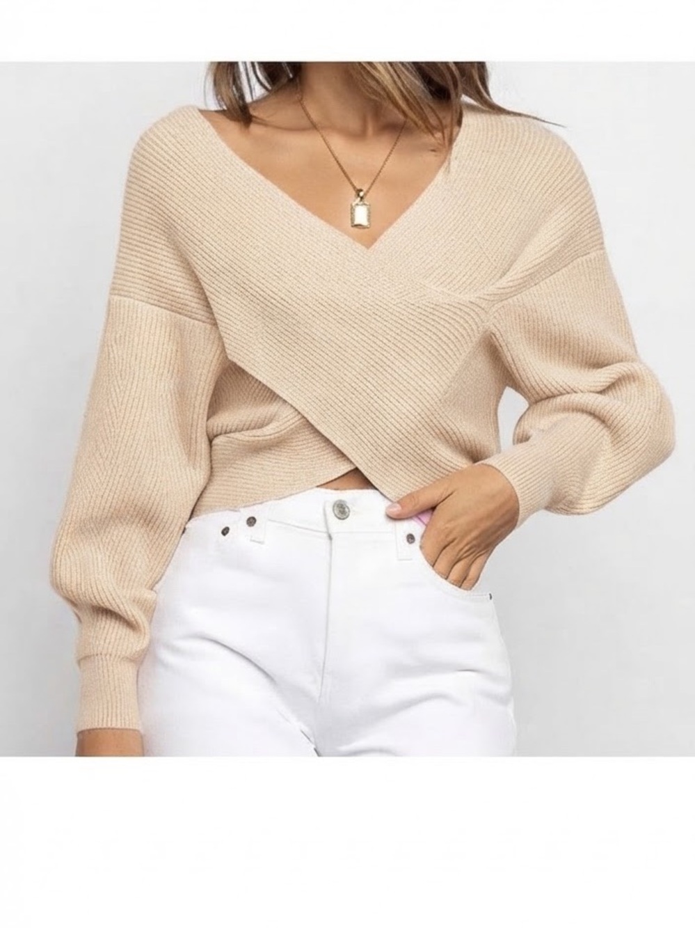 BTFBM Beige Ribbed Knit Cross-Wrap V-Neck Cropped Sweater - Women's Size M